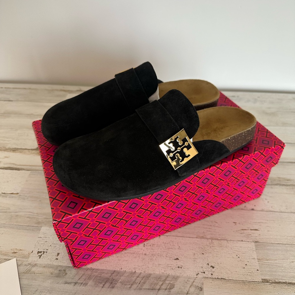 TORY BURCH Mellow Mule Suede, Perfect Black / Gold Buckle Size 9.5